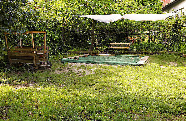 Der Garten mit überdachtem Sandkasten in der Kita Kleine Knöpfe