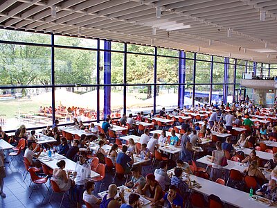 Innenbereich mit Tischen, Stühlen und großer Glasfront
