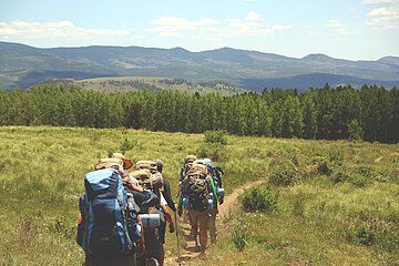 People with backpack walking on the grassland in the forest