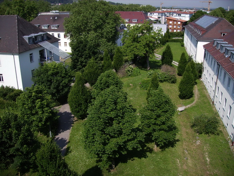 Ausblick von oben auf große Grünfläche und Wohnheim